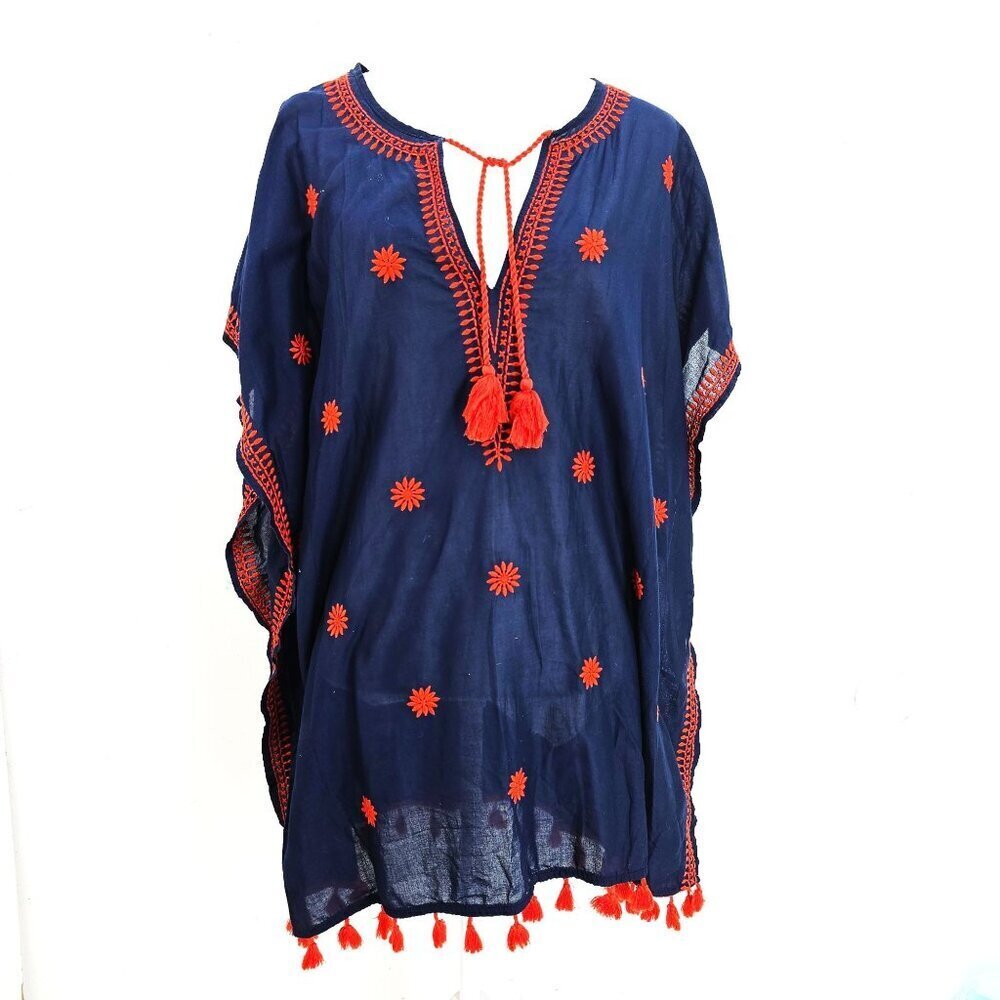J. Crew Navy Blue Red Pomom Fringe Floral Embroidery Swim Beach Cover  Women M